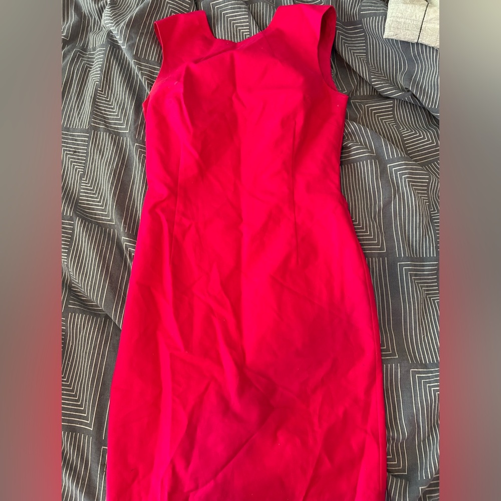 Bright pink fitted dress.